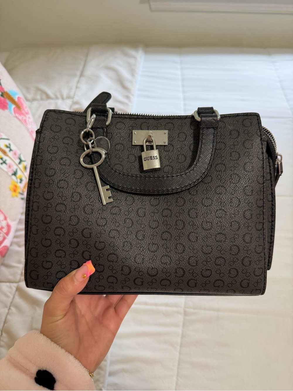 Guess Black Monogram Satchel with Key & Padlock Charm